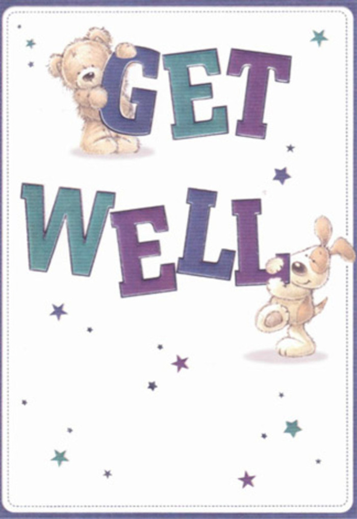 This illustrated get well card captures a gentle exchange of comfort and encouragement, reminiscent of acts of kindness in Addlestone's vibrant neighborhoods. At the centre, a plush teddy bear balances atop bold, cheerful letters, its soft golden fur textured with care, while a floppy-eared puppy rests lovingly against the lower word, its eyes full of affectionate reassurance. The typography-a fusion of rich purples and teals-anchors the design with positivity and hope, as scattered stars in blues and violets twinkle overhead, evoking the quiet moments spent star-watching in Victory Park. The fresh white background creates an atmosphere of peace and clarity, echoing the sense of renewal found on crisp mornings near Weybridge Road. The tactile depth is striking: you can almost imagine brushing your hand across the bear's fuzz and the puppy's satiny ears, each detail crafted as tenderly as a get well bouquet arranged for a friend in Addlestone. Mirroring the sense of care in every locally delivered bouquet, the card blends innocence, lightness, and a profound sincerity-perfect for lifting the spirits and offering comfort at the heart of one's recovery journey.