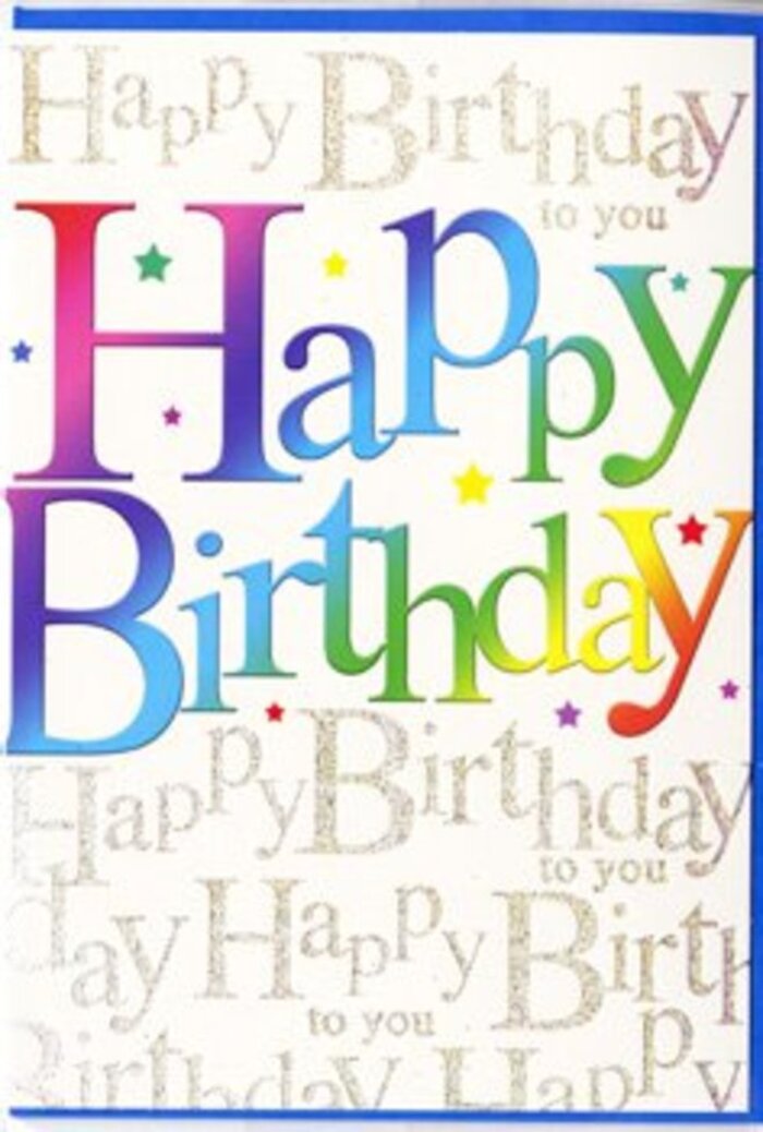 This contemporary birthday card captures the spirit of a lively celebration in Addlestone, the kind of design that pairs beautifully with a fresh arrangement arriving from Flowers Addlestone on a special day. The central Happy Birthday message runs confidently across the front in substantial, rounded letters, each one rendered in a flowing gradient of colour that moves from passionate reds and vibrant magentas through velvety purples and sapphire blues into refreshing greens and soft sunshine yellows. The colours blend like a wash of watercolours, yet each hue remains defined enough to give the wording real impact, similar to how mixed blooms can maintain their individual presence while forming a cohesive bouquet. Behind this commanding text, the entire background is layered with a repeated script reading Happy Birthday to you, written in an elegant cursive style. The script is picked out in a luminous gold tone, with faint glimmers reminiscent of fine glitter that catch the light as though the card were being turned in someone's hands near Addlestone's local shops. These repeated lines feel like a gentle chorus, echoing the main sentiment and amplifying the sense of affection and celebration. Between the strokes of the script, minuscule stars and dots flicker in coordinating colours, arranged sparsely enough to suggest a shower of confetti rather than a cluttered pattern. The card's finish looks smooth and refined, with a slight sheen that enhances the vibrancy of the rainbow letters. As you imagine holding it, you can almost sense the subtle difference in texture between the bold greeting and the delicate script beneath. It's an ideal card for birthdays of all ages, adding a touch of polished joy to celebrations across Addlestone, from cosy flats to garden parties by Victory Park.