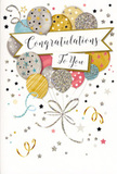 This image features a beautifully crafted congratulations card that feels ready to accompany a same-day flower delivery anywhere in Addlestone. At the centre, a lively arrangement of illustrated balloons gives the impression of floating upward, like the first decorations put up for a surprise party near Station Road or the High Street. The balloons are rounded and lush, painted in a soothing mix of metallic gold and silver, warm champagne, airy sky blue, gentle blush pink, and soft grey. Each one is decorated with its own delicate motif-scattered stars, fine stripes, and areas of glitter that catch the light and suggest a subtly textured surface, the way a fingertip might notice a slight roughness where the sparkle sits on the smooth card. Thin metallic strings in shades of gold and silver trail from the balloons, drawn in flowing, curling lines that gather at the base as if carefully tied by hand. Across the centre drifts a graceful banner, carrying the words Congratulations To You in elegant, calligraphic lettering that radiates sincerity. The background remains light and uncluttered, scattered with tiny metallic stars, swirling ribbons, and confetti-like dots that seem to dance around the balloons, adding a sense of gentle movement and celebration. The design feels vibrant yet tasteful, suitable for many proud occasions-exam success, a new job, retirement, or a special personal achievement anywhere in Addlestone. It evokes the warmth of friends and family coming together, with the card acting as a keepsake that holds both the message and the memory of the day long after the flowers have faded.