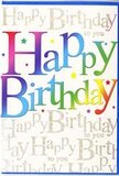 In this image, a vibrant birthday card radiates a festival of colour, perfectly suited to the kind of heartfelt celebration families and friends enjoy around Addlestone. The main feature is the phrase Happy Birthday, printed in wide, inviting letters that carry a sense of playful confidence. Each letter is bathed in a smooth, continuous gradient that sweeps from bright, berry-toned reds through lush pinks and royal purples into cool, lagoon blues and lively greens, finally warming into buttery yellows and soft orange tones. The progression of colour feels effortless, like the shifting hues of party decorations catching the afternoon light in a home near Station Road. Behind this main greeting, the background is filled edge to edge with the words Happy Birthday to you, written over and over in a graceful, looping script. The lettering is done in shining gold, its metallic ink hinting at a very fine shimmer that glows when viewed from different angles, reminiscent of tiny fairy lights strung across a birthday table in Addlestone. These repeated lines create a gentle wave of motion across the card, like the echo of a song that lingers even after the last note has been sung. Tiny starbursts and pinprick dots are sprinkled between the script, quietly suggesting confetti without overwhelming the tidy composition. The card's surface appears sleek and lightly glossy, inviting touch, with the main title likely feeling just slightly raised over the softer background print. It is the kind of birthday card that transforms a simple message into a visual chorus of joy, perfectly paired with same-day flower delivery for someone special in Addlestone.