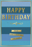 This refined birthday card features a soothing palette of blues accented by gleaming gold, mirroring the quiet charm of Addlestone on a clear day. Broad, horizontal stripes form the background, each band a different blue that gradually shifts from deep navy at the top through denim and teal into a light, gentle sky blue at the bottom. The stripes sit in clean, even layers, giving the impression of calm horizons or the gradual brightening of the sky over local streets. The card's surface looks smooth and matte, suggesting a quality, heavyweight card stock that feels reassuringly solid when held. In the centre, HAPPY BIRTHDAY appears in prominent capital letters, embossed in metallic gold foil. The gold lettering is raised slightly from the surface, allowing it to catch and reflect ambient light with a soft, celebratory shimmer rather than a harsh sparkle. Just beneath the greeting, a graceful golden flourish curves across the card, adding a touch of traditional elegance and naturally leading the eye downward. Below this flourish, three slim gold banners sit one below the other, each ribbon carrying part of the message Relax, have a great day and enjoy! The combined sentiment feels warm and unhurried, like a quiet birthday morning at home. A narrow gold border traces the edges of the card, framing the entire composition with a sense of order and completion. You can easily picture this card displayed on a mantelpiece in Addlestone, beside a fresh bouquet, its cool blues calming the space while the gold details lend just the right amount of festive brightness for a cherished birthday.